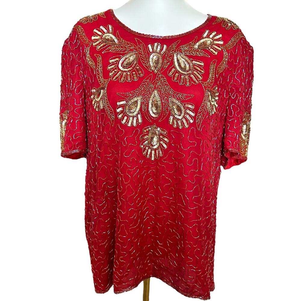 Vintage Malcom Starr 100% Silk Beaded Top 1980's/1990's in Red and Gold Size XL